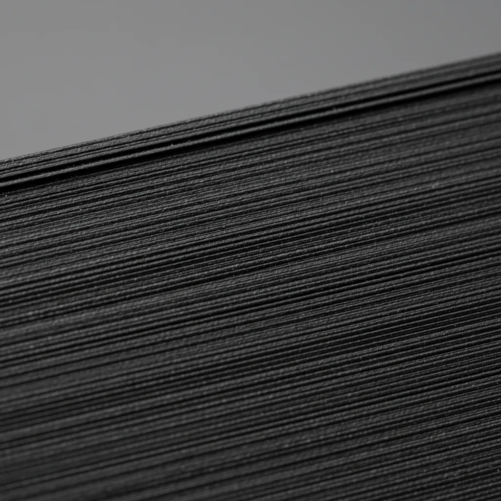 Extreme macro of the surface of a deep matte black 3D-printed PET-CF part: uniform fine matte carbon texture with clearly visible horizontal layer lines and a subtle satin sheen