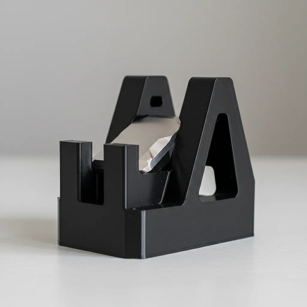 A 3D-printed PET-CF dimensionally-stable inspection fixture holding a small metal part