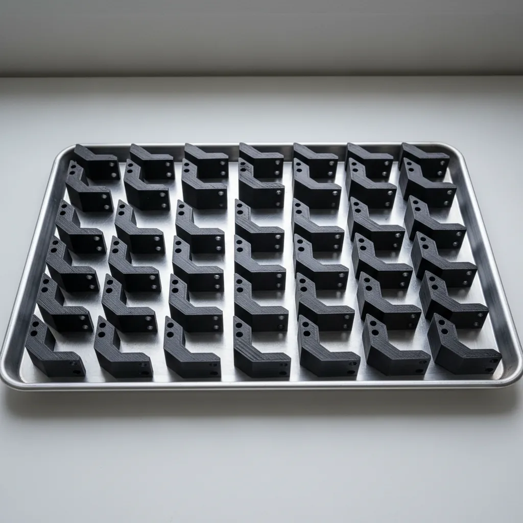 A neat tray of identical 3D-printed PET-CF brackets