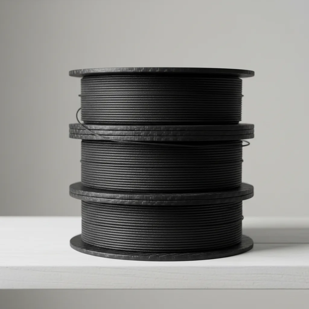 A stack of black carbon-fibre PET composite filament spools on a shelf
