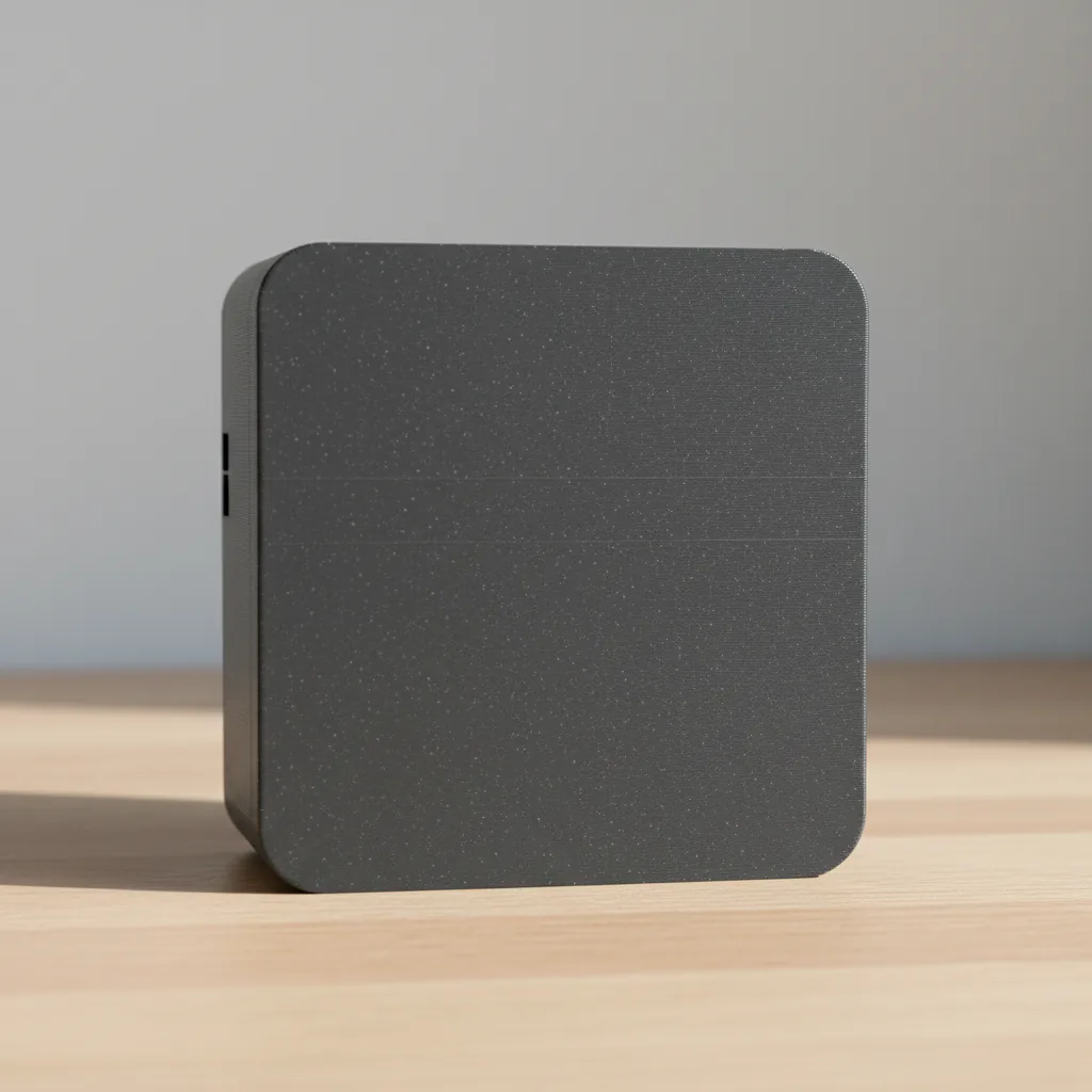 A 3D-printed brand-coloured PET-GF consumer production enclosure