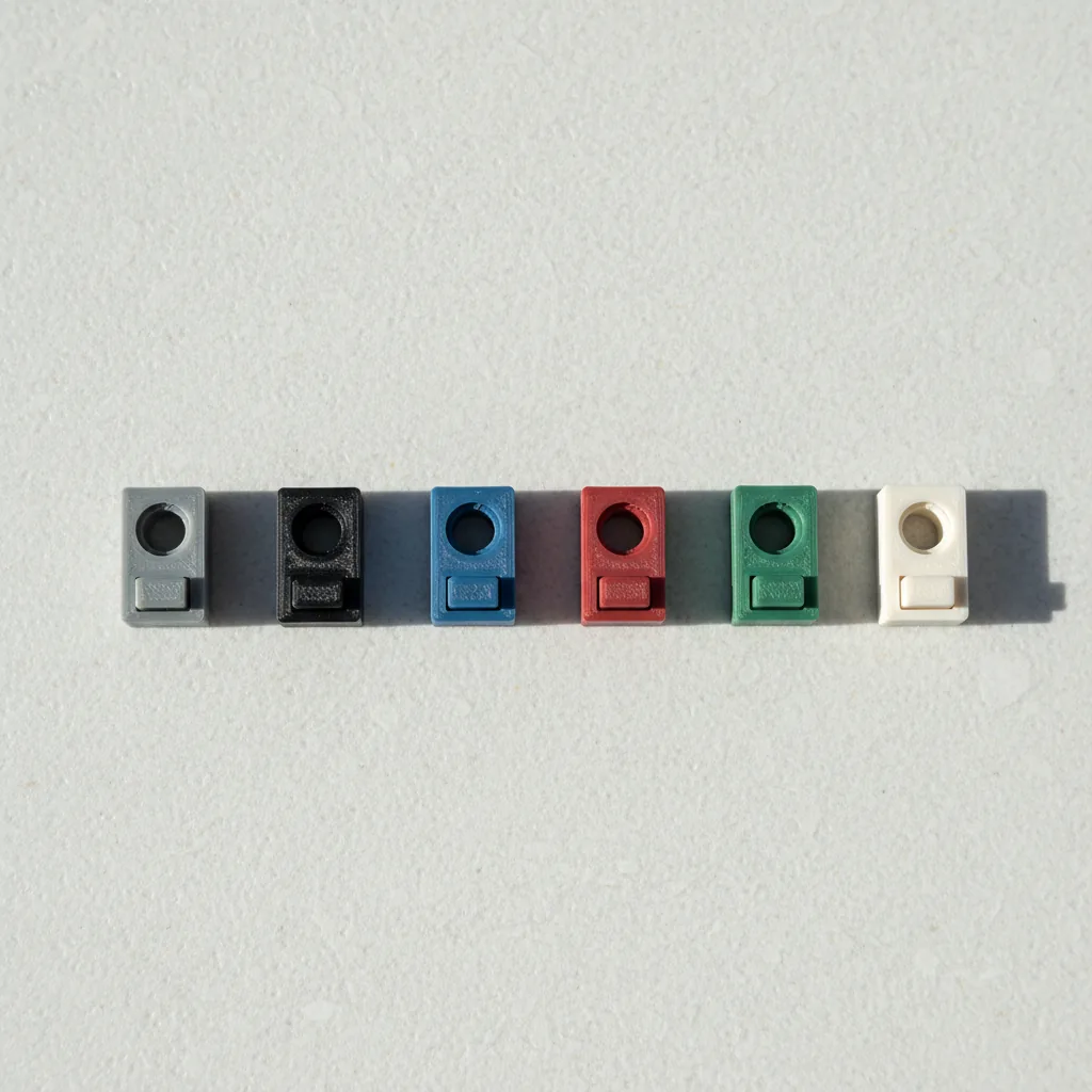 A product photo of six identical small matte 3D-printed PET-GF parts in grey