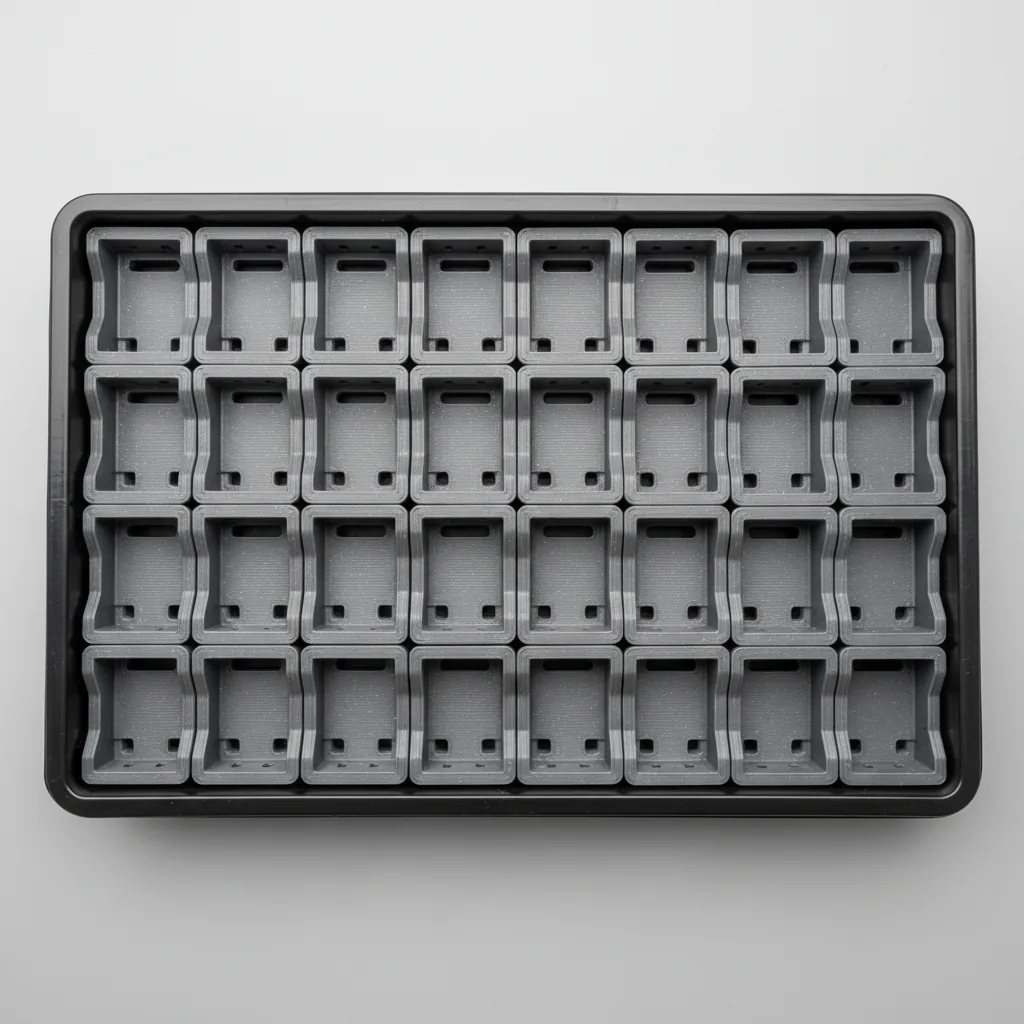 A neat tray of identical matte grey 3D-printed PET-GF brackets