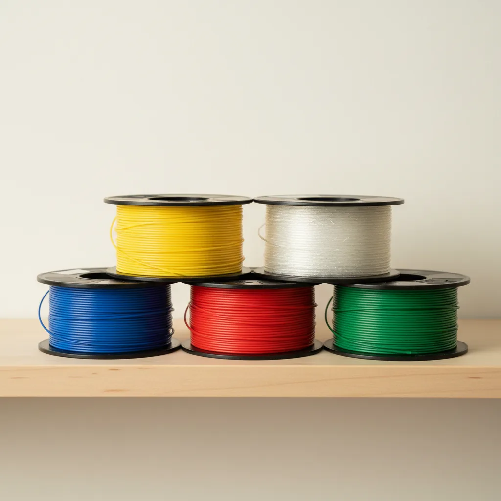 A stack of glass-fibre PET composite filament spools in several colours on a shelf