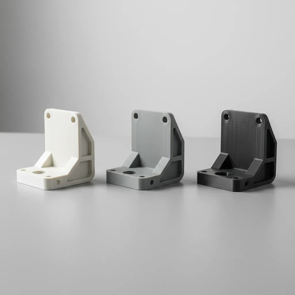 Three identical 3D-printed brackets to compare PET-GF
