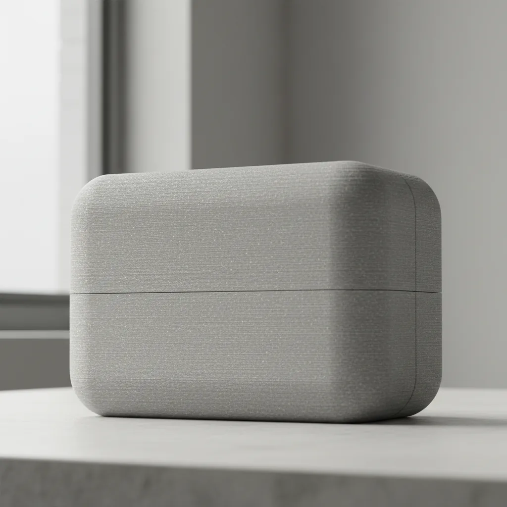 A 3D-printed brand-coloured PET-GF consumer product enclosure with a clean seam