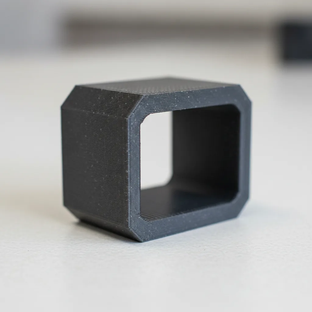 Macro photo of a 3D-printed PET-GF glass-fibre composite engineering bracket