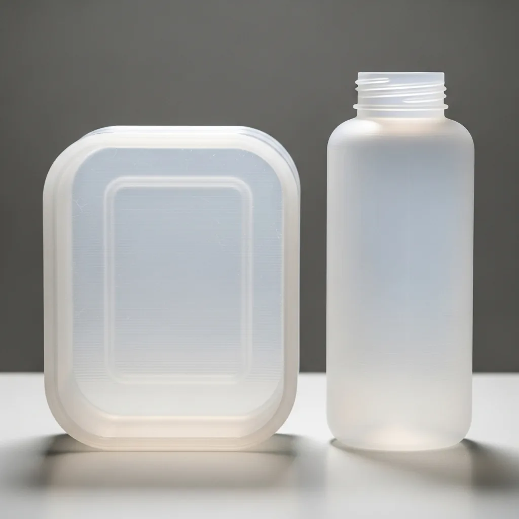 A 3D-printed translucent PETG prototype of a food-packaging container and bottle on a clean white bench