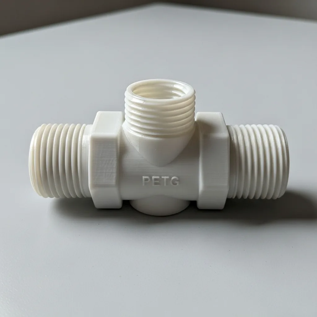 A 3D-printed PETG irrigation/hydroponics water fitting (a threaded pipe junction) on a clean bench