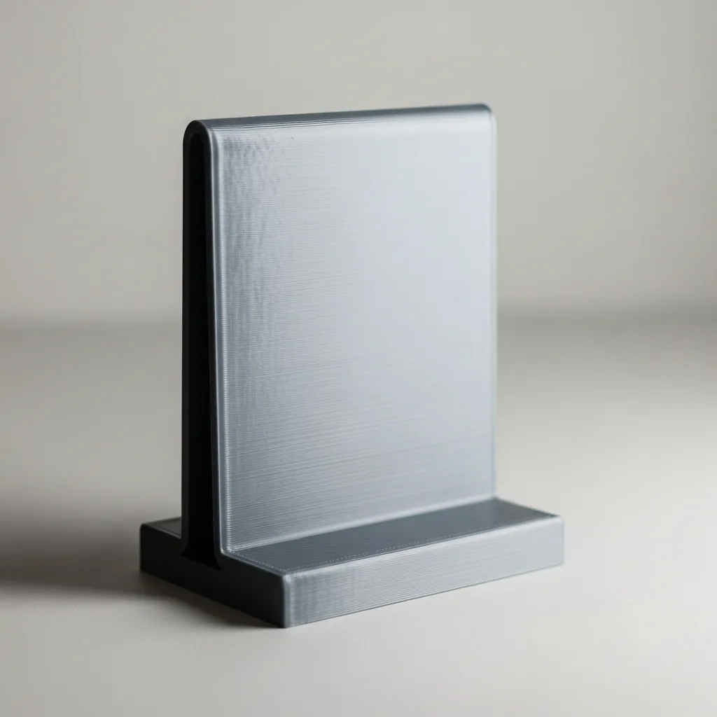 A 3D-printed PETG retail point-of-sale signage display holder on a clean surface
