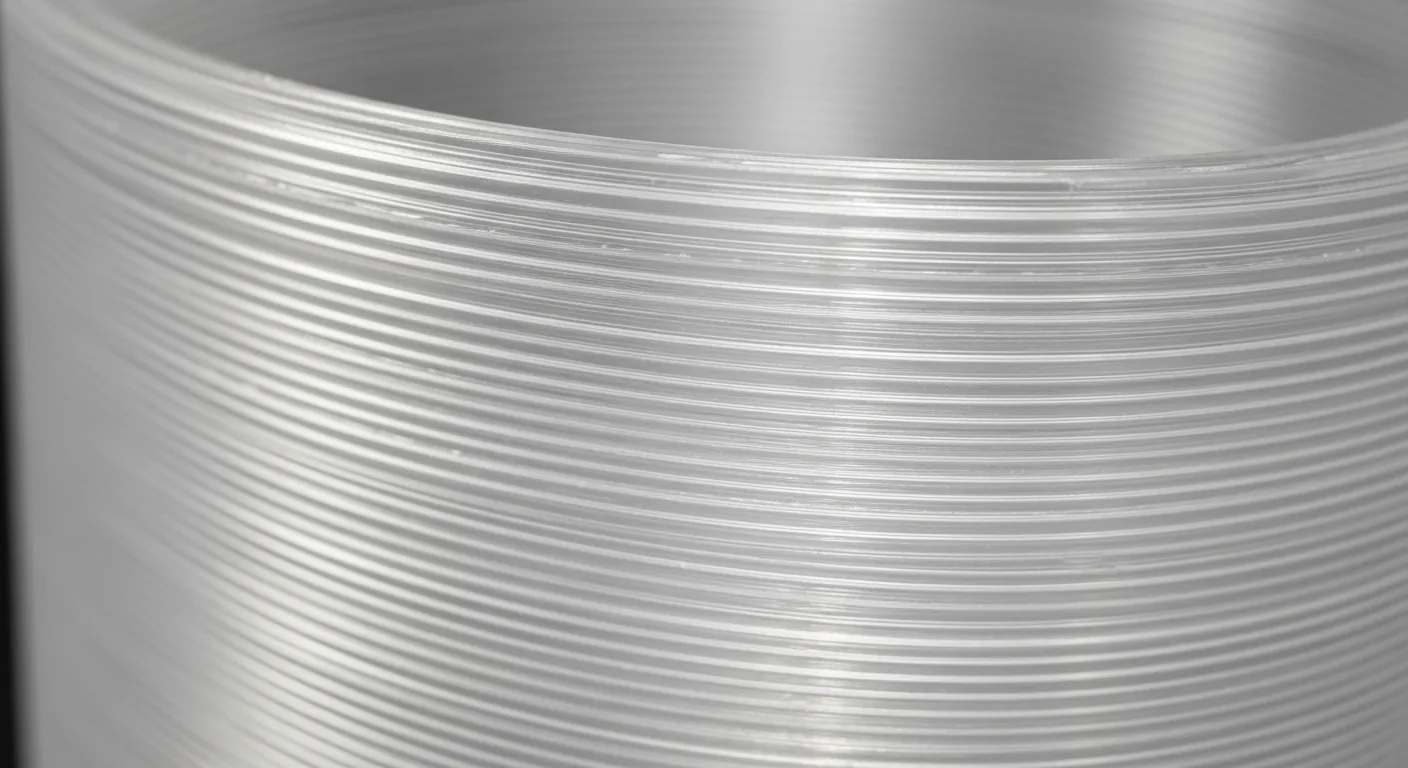 Extreme macro of the side wall of a translucent PETG 3D-printed part showing crisp regular horizontal layer lines with a glossy sheen
