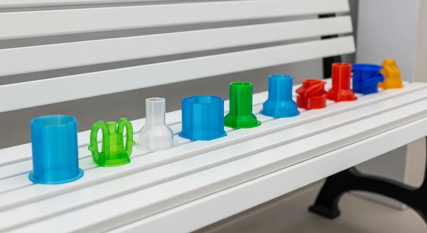 The same small PETG part 3D-printed in a row of translucent colours (clear