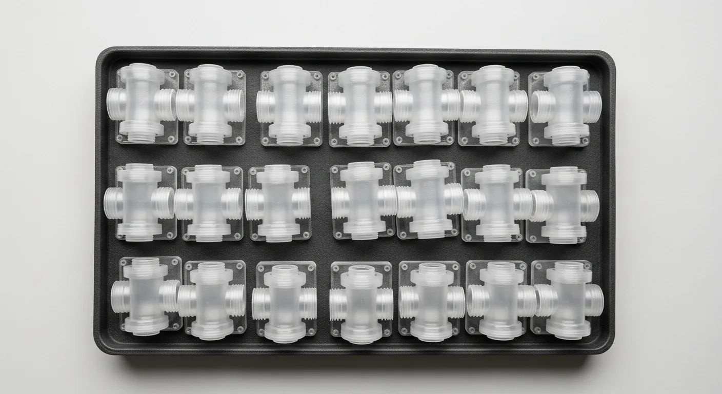 A neat tray of identical small translucent PETG 3D-printed water fittings