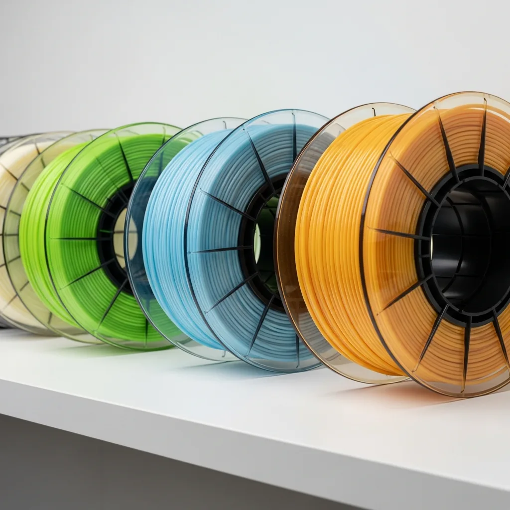A stack of PETG filament spools in translucent colours on a shelf