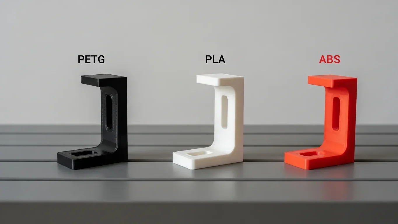 Three identical 3D-printed brackets shown to compare PETG