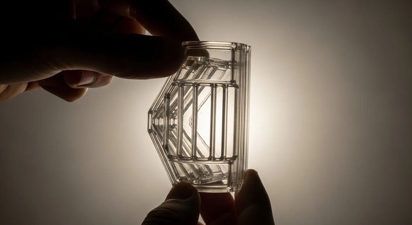 A translucent PETG 3D-printed part held up to soft light showing its light transmission
