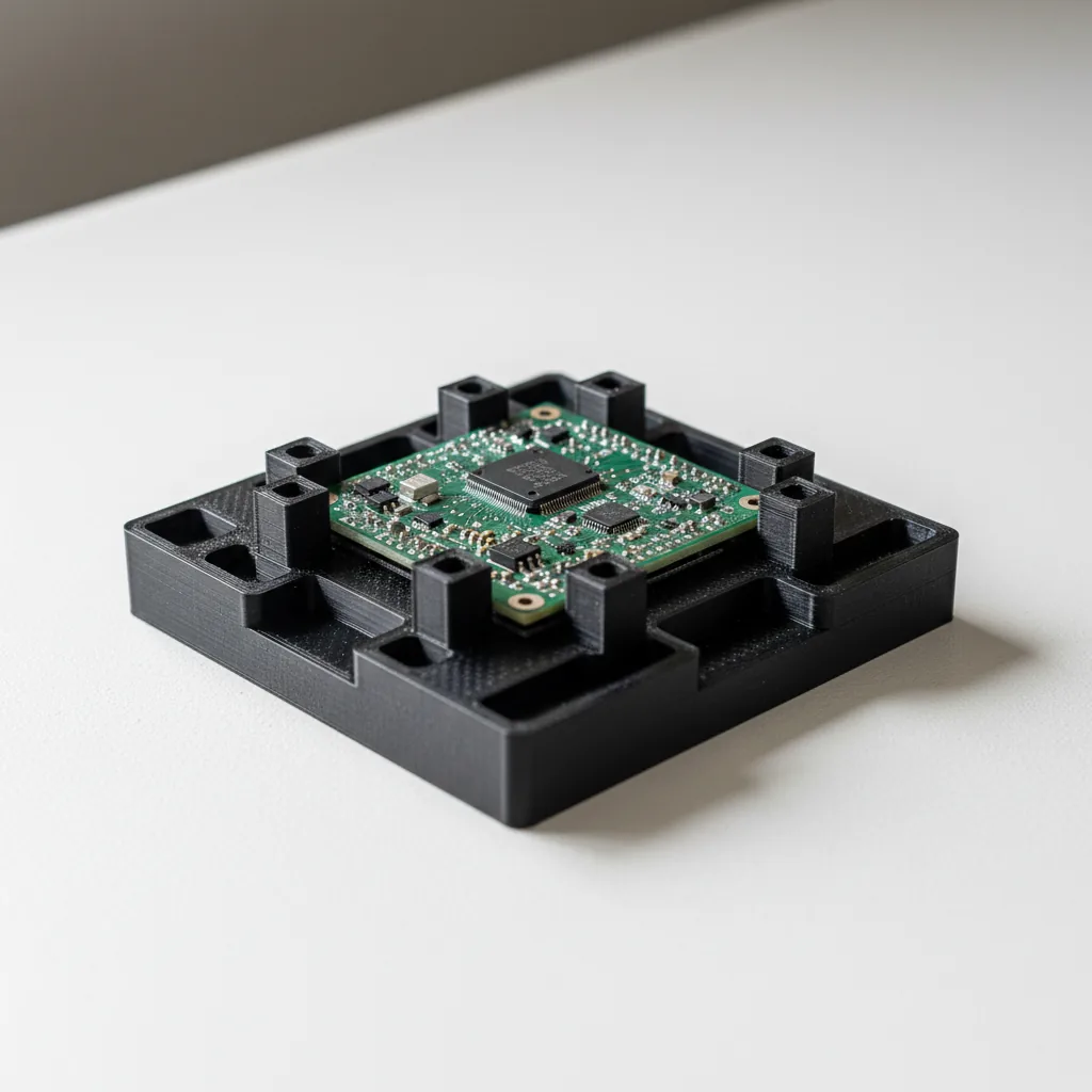 A 3D-printed black PETG-ESD PCB assembly locating jig holding a green circuit board