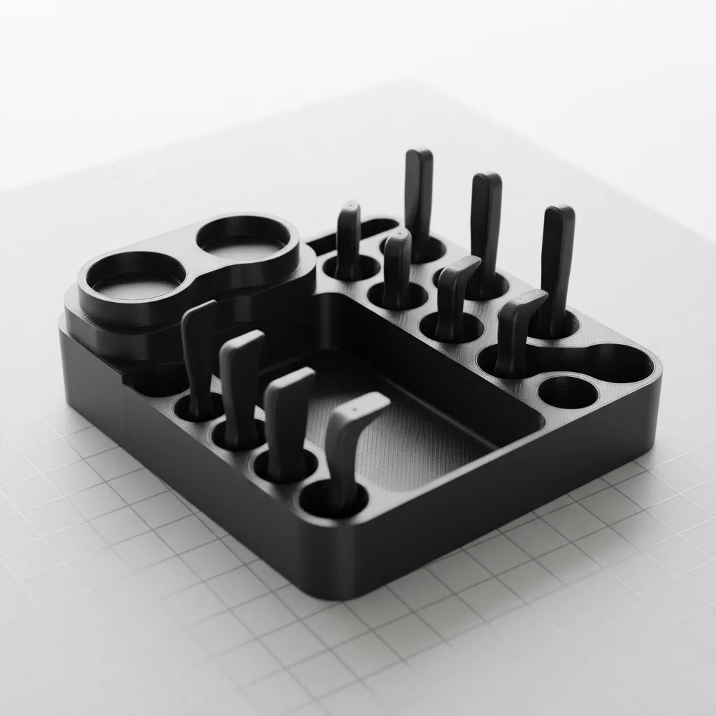 A 3D-printed black PETG-ESD bench-tooling organiser with tip rests and tool grips