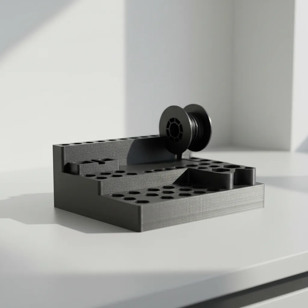 A 3D-printed black PETG-ESD anti-static workstation accessory
