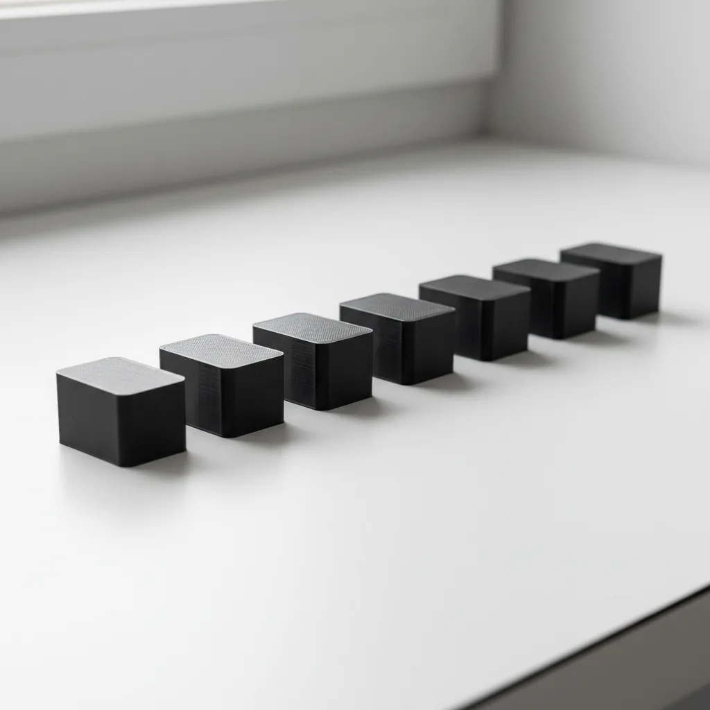 A neat row of black 3D-printed PETG-ESD small-batch production parts