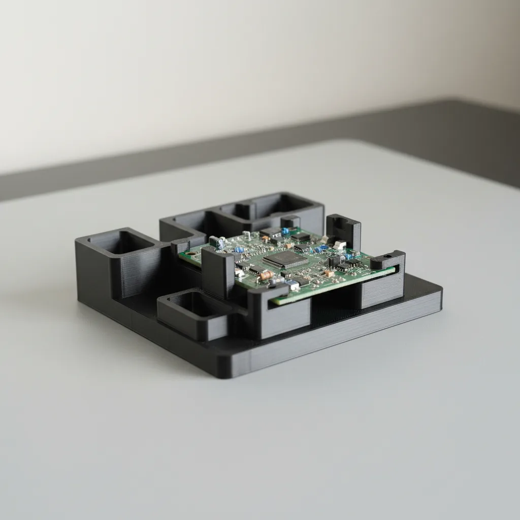 A 3D-printed black PETG-ESD PCB jig with a green circuit board located in it