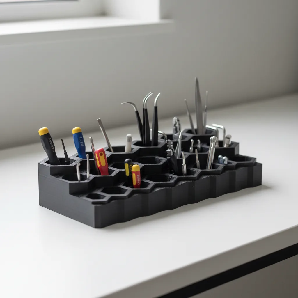 A 3D-printed black PETG-ESD bench organiser holding small tools