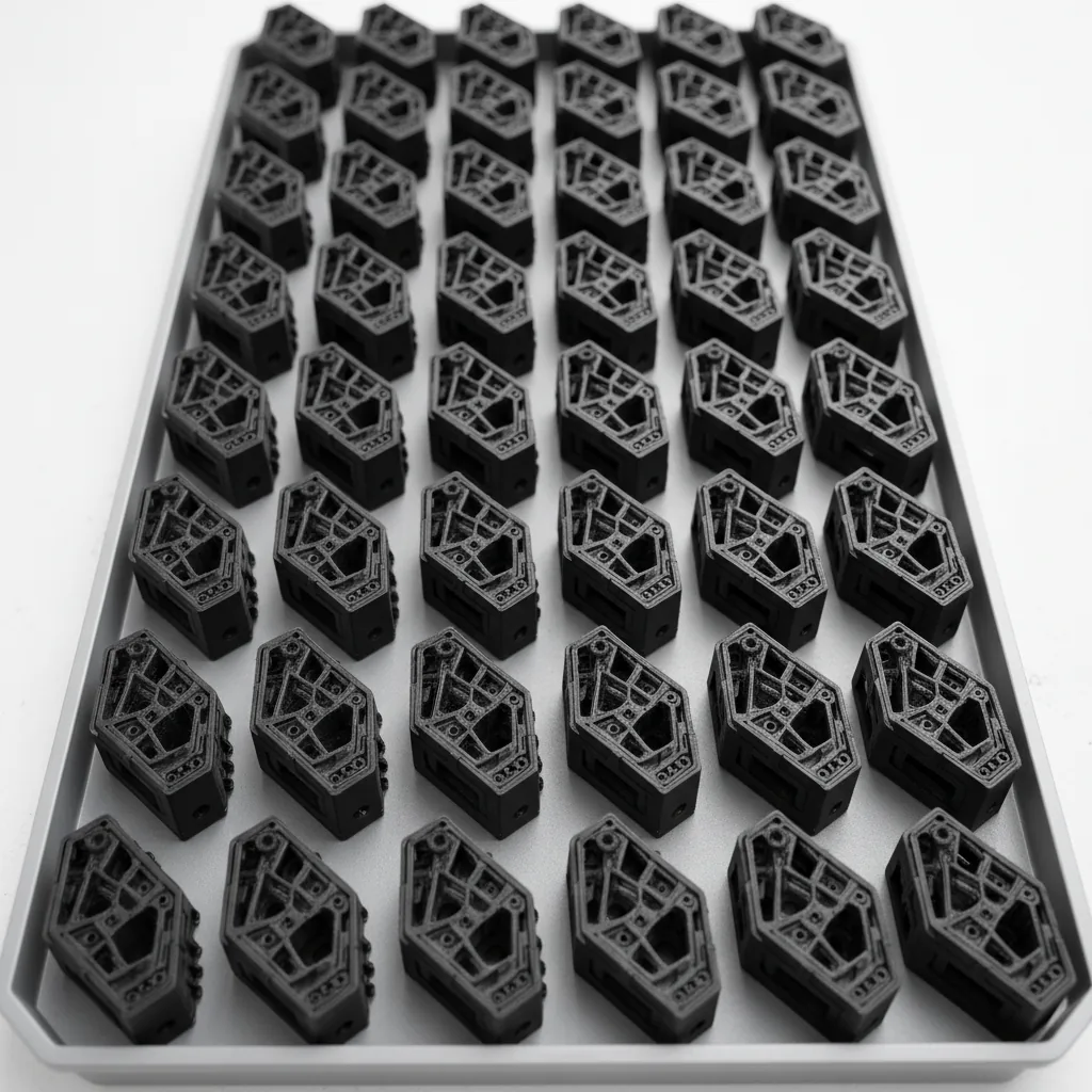 A neat tray of identical black 3D-printed PETG-ESD parts