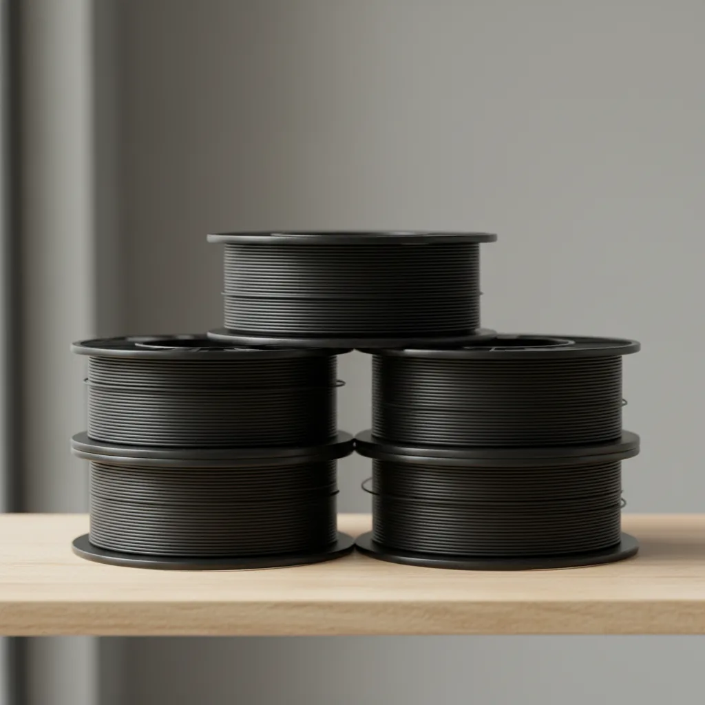 A stack of black ESD PETG filament spools on a shelf