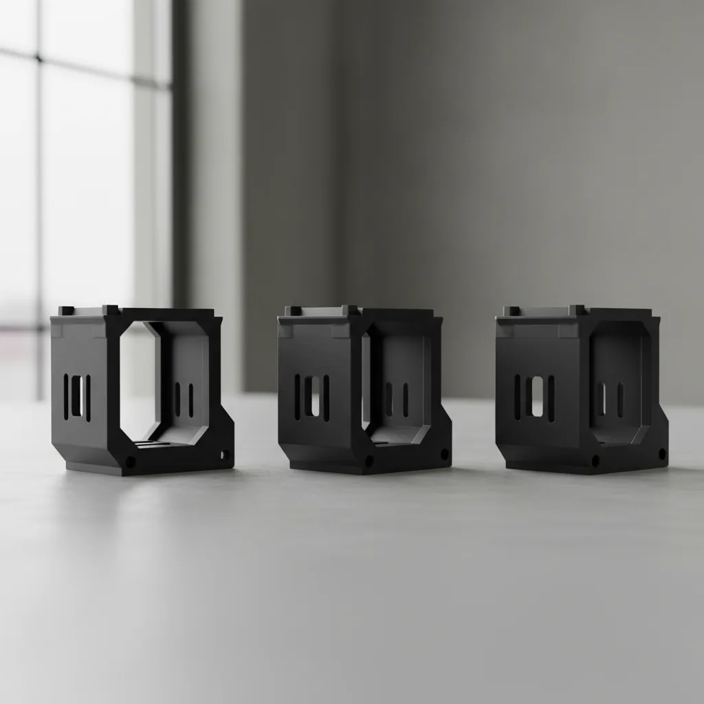Three identical black 3D-printed ESD jigs on a grey bench