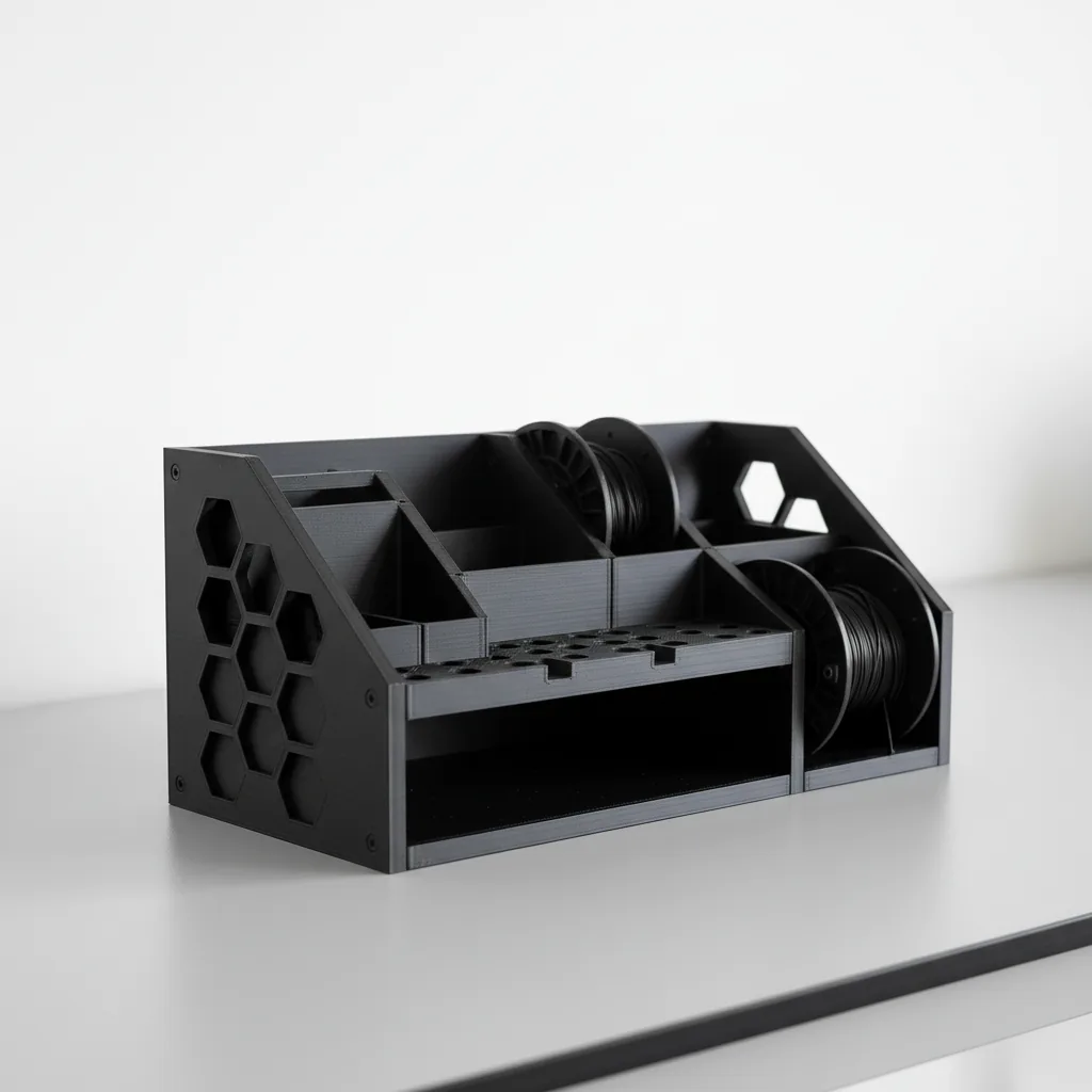 A 3D-printed black PETG-ESD workstation organiser
