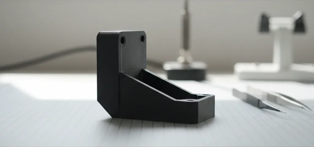 Macro photo of a 3D-printed black PETG-ESD part (ESD-dissipative) with a uniform semi-matte black finish and visible layer lines on a clean electronics bench