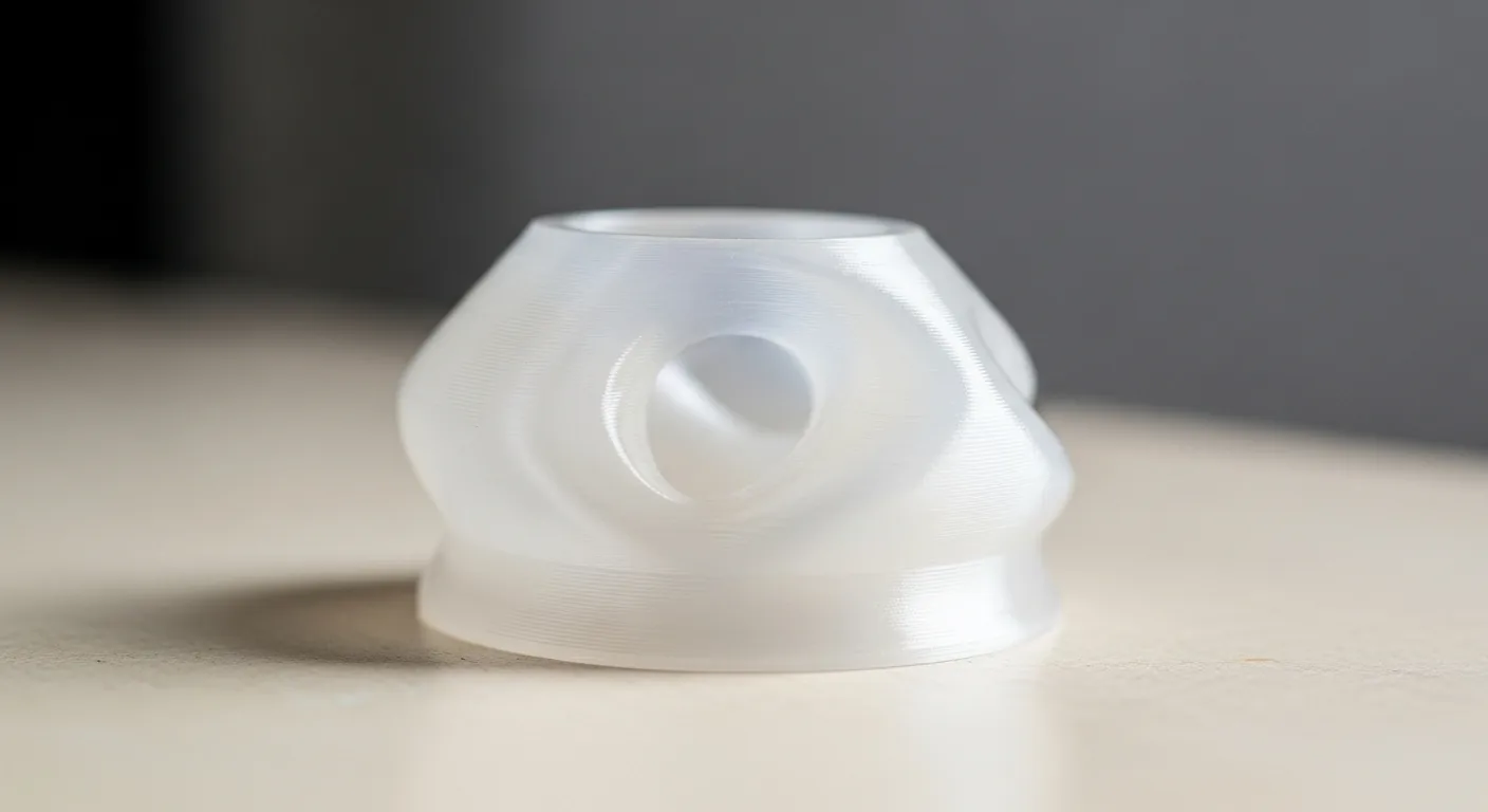 Macro photo of a glossy translucent 3D-printed PETG part on a clean light bench showing its smooth layer finish and slight translucency