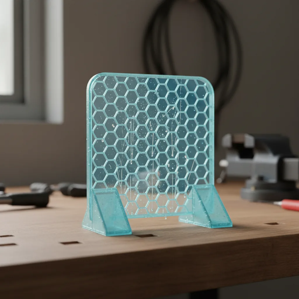 A 3D-printed translucent PETG+ workshop splash guard