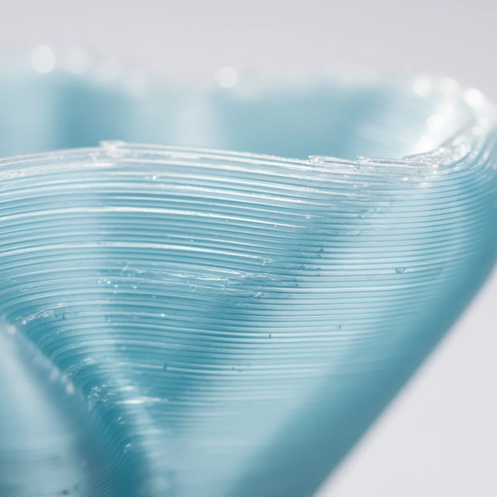 Extreme macro of a 3D-printed PETG+ part surface showing crisp layer lines and a glossy translucent finish