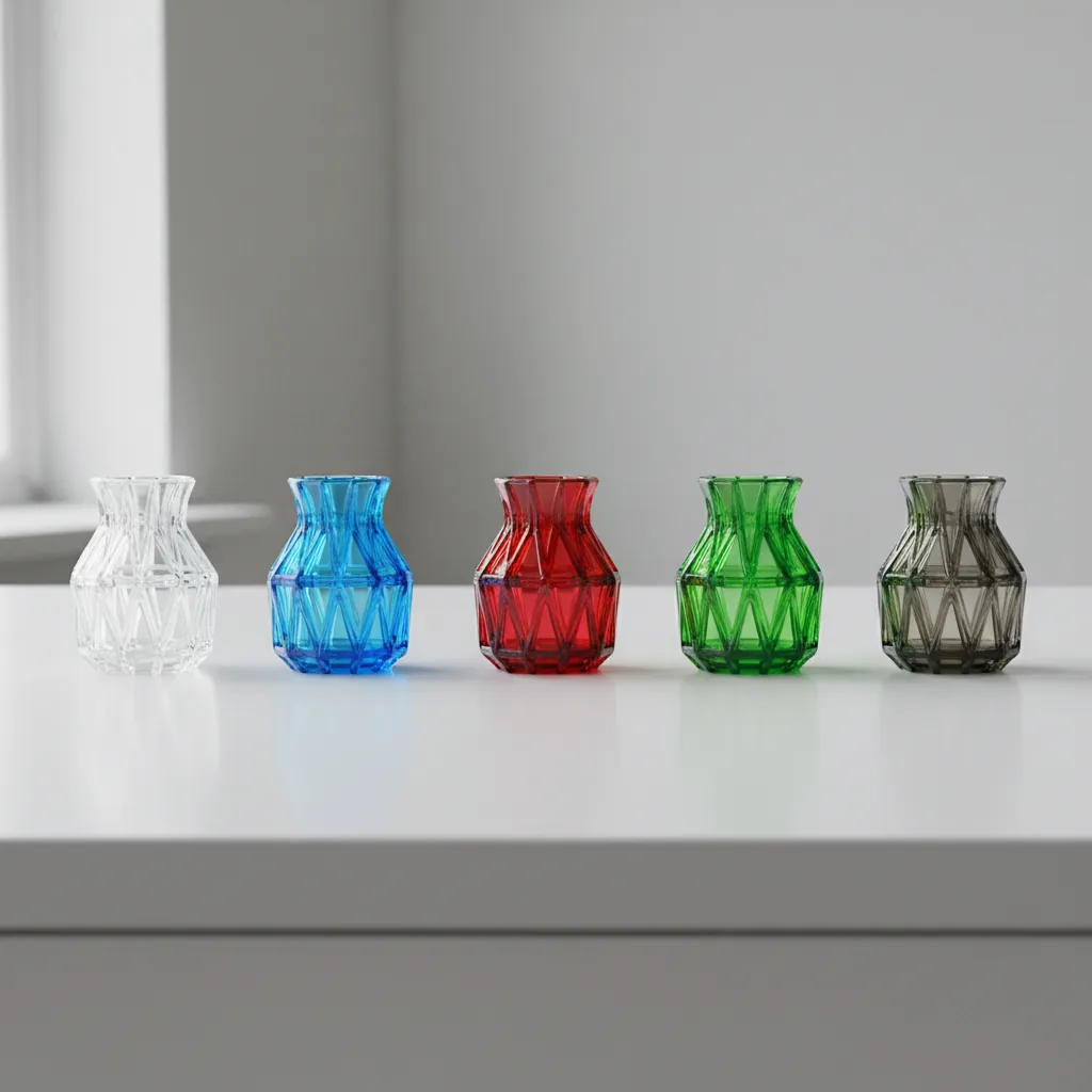 The same small PETG+ part 3D-printed in a row of translucent colours (clear