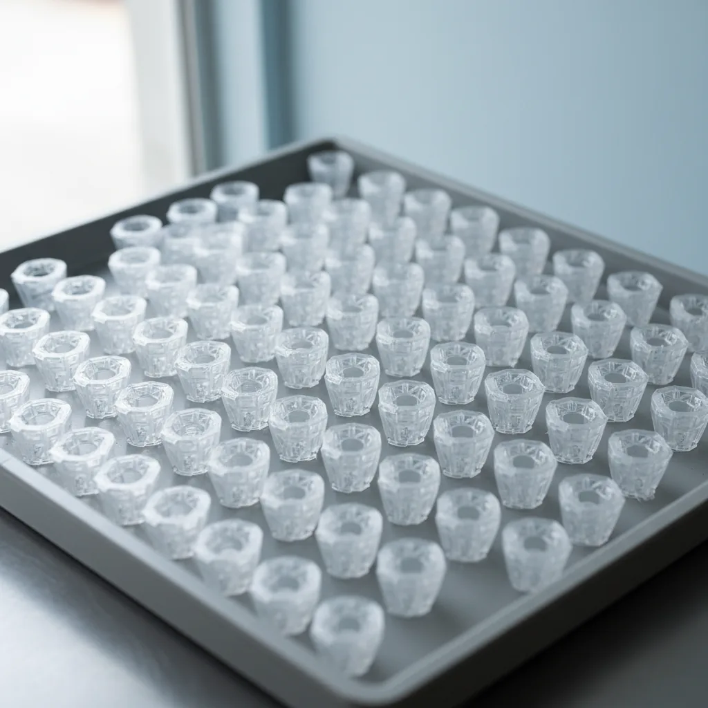 A neat tray of identical translucent 3D-printed PETG+ parts