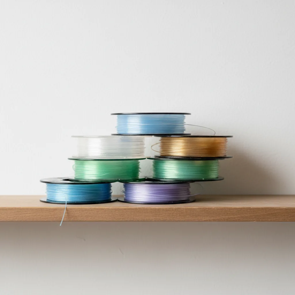 A stack of PETG+ filament spools in translucent colours on a shelf