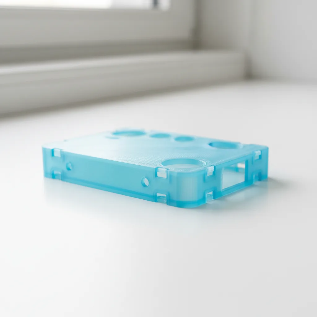 A 3D-printed PETG+ device housing with snap-fit edges