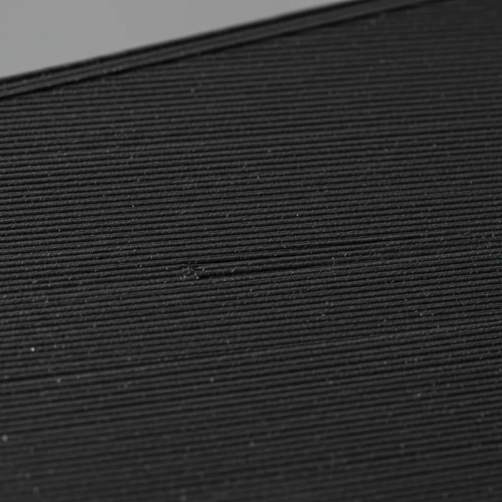 Extreme macro of a deep matte black 3D-printed PETG-rCF surface: uniform fine matte recycled-carbon texture