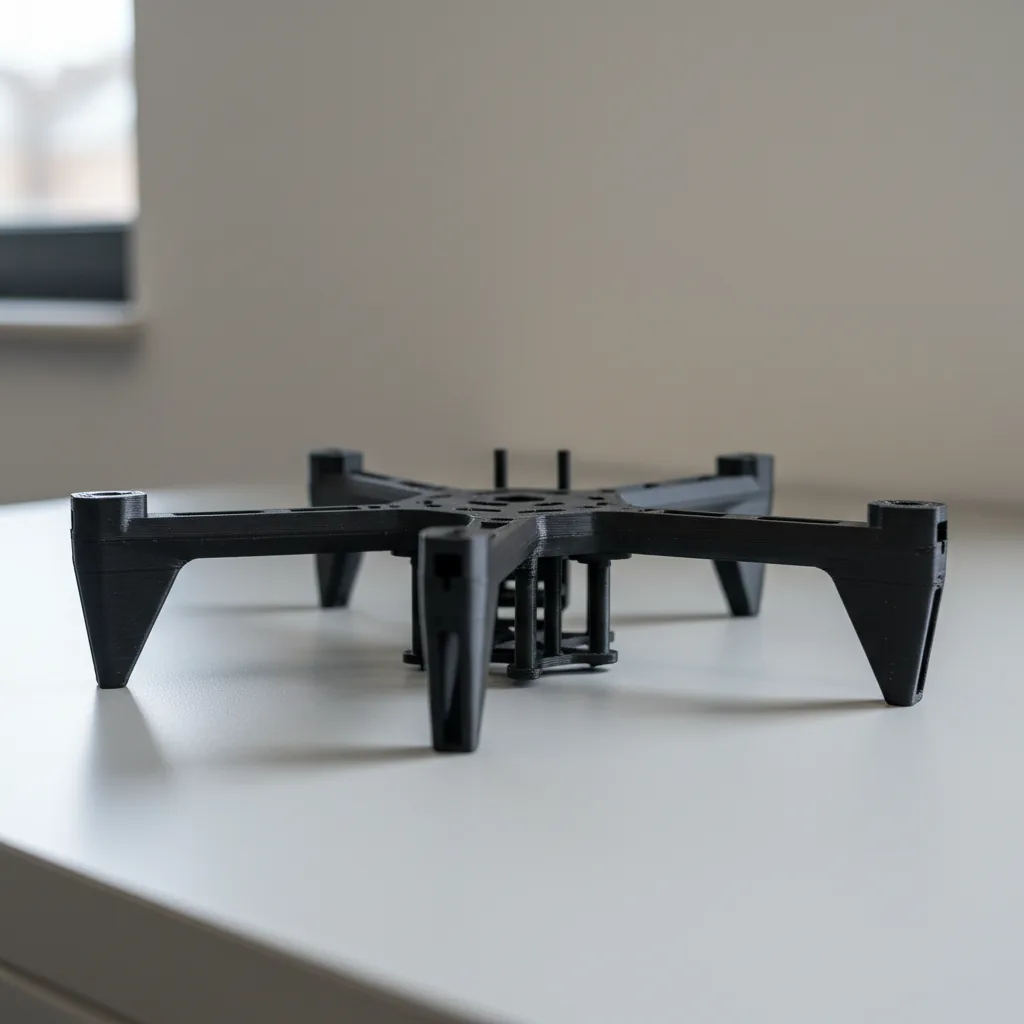A 3D-printed PETG-rCF drone airframe assembled from stiff arms