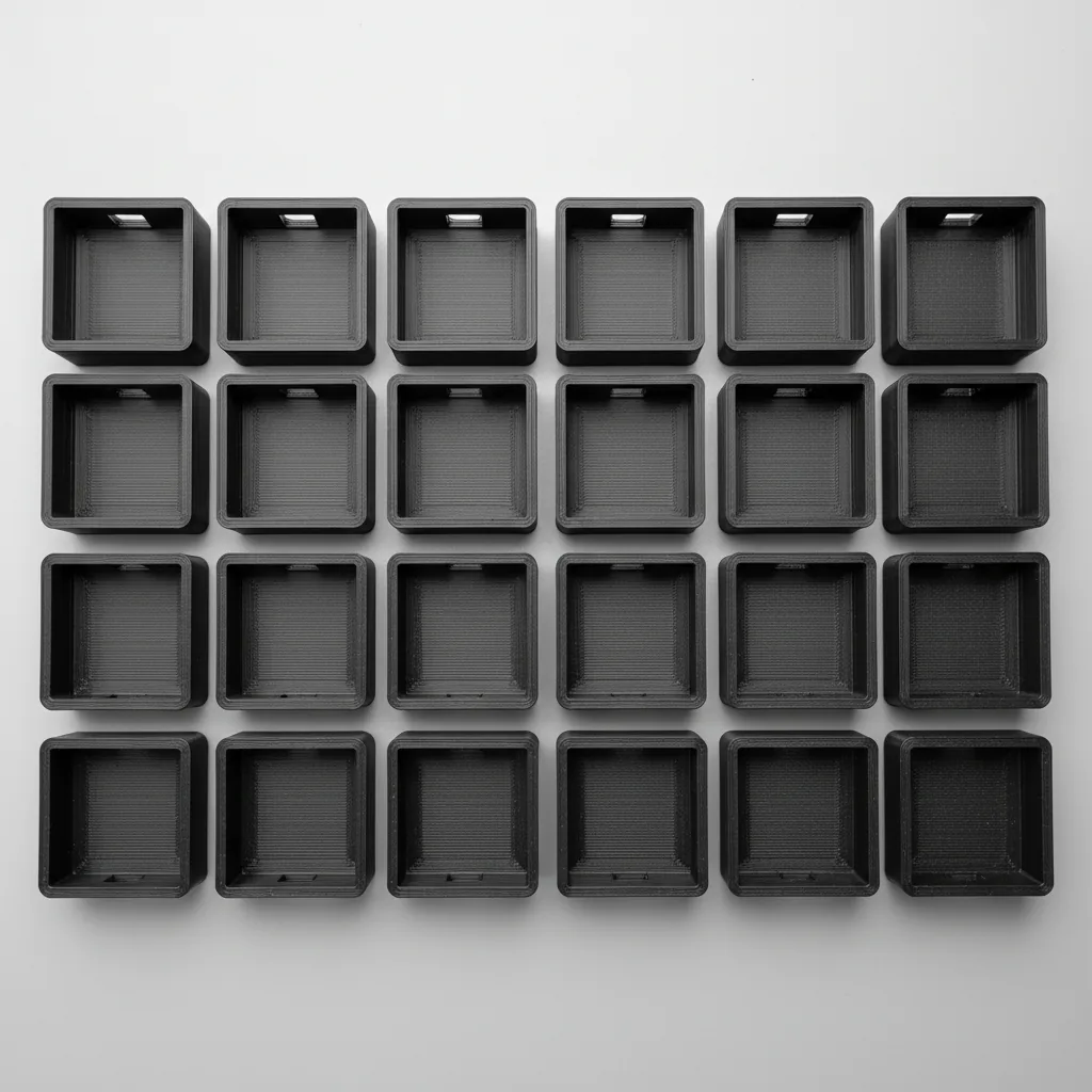 A neat tray of identical matte black 3D-printed PETG-rCF brackets