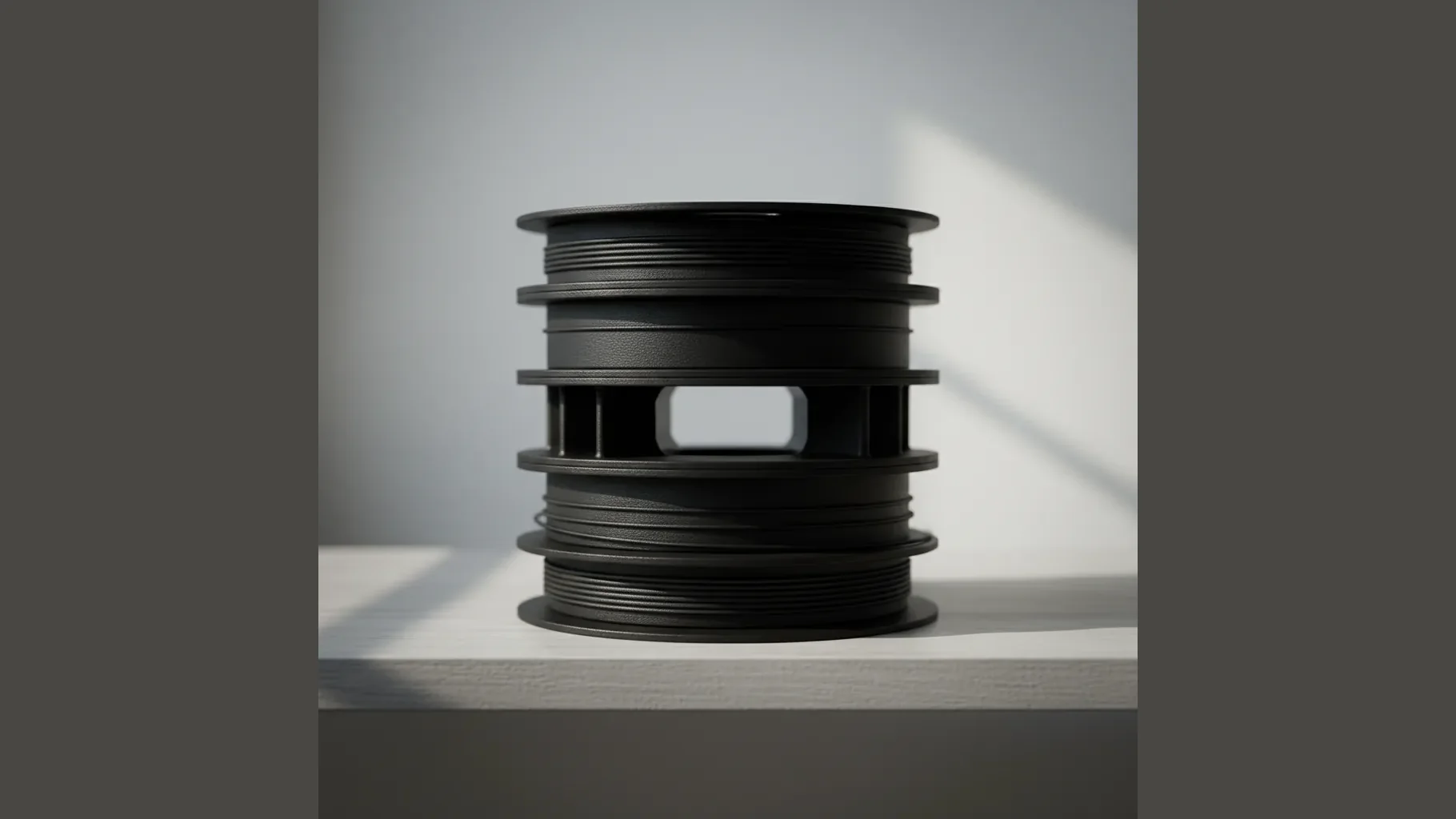 A stack of matte black recycled carbon-fibre PETG filament spools on a shelf