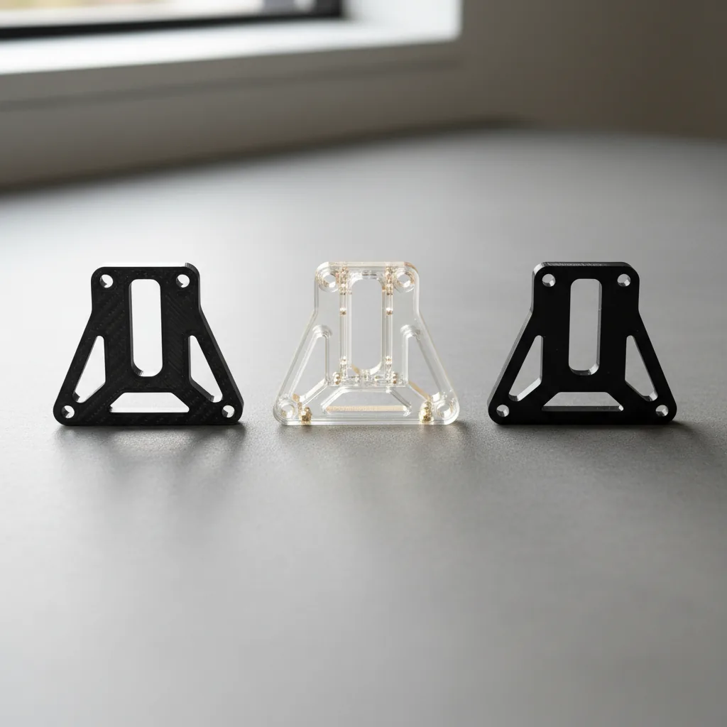 Three identical 3D-printed brackets to compare PETG-rCF