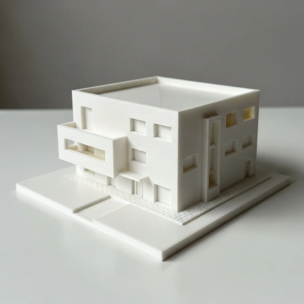 White 3D-printed PLA architectural scale model of a modern building