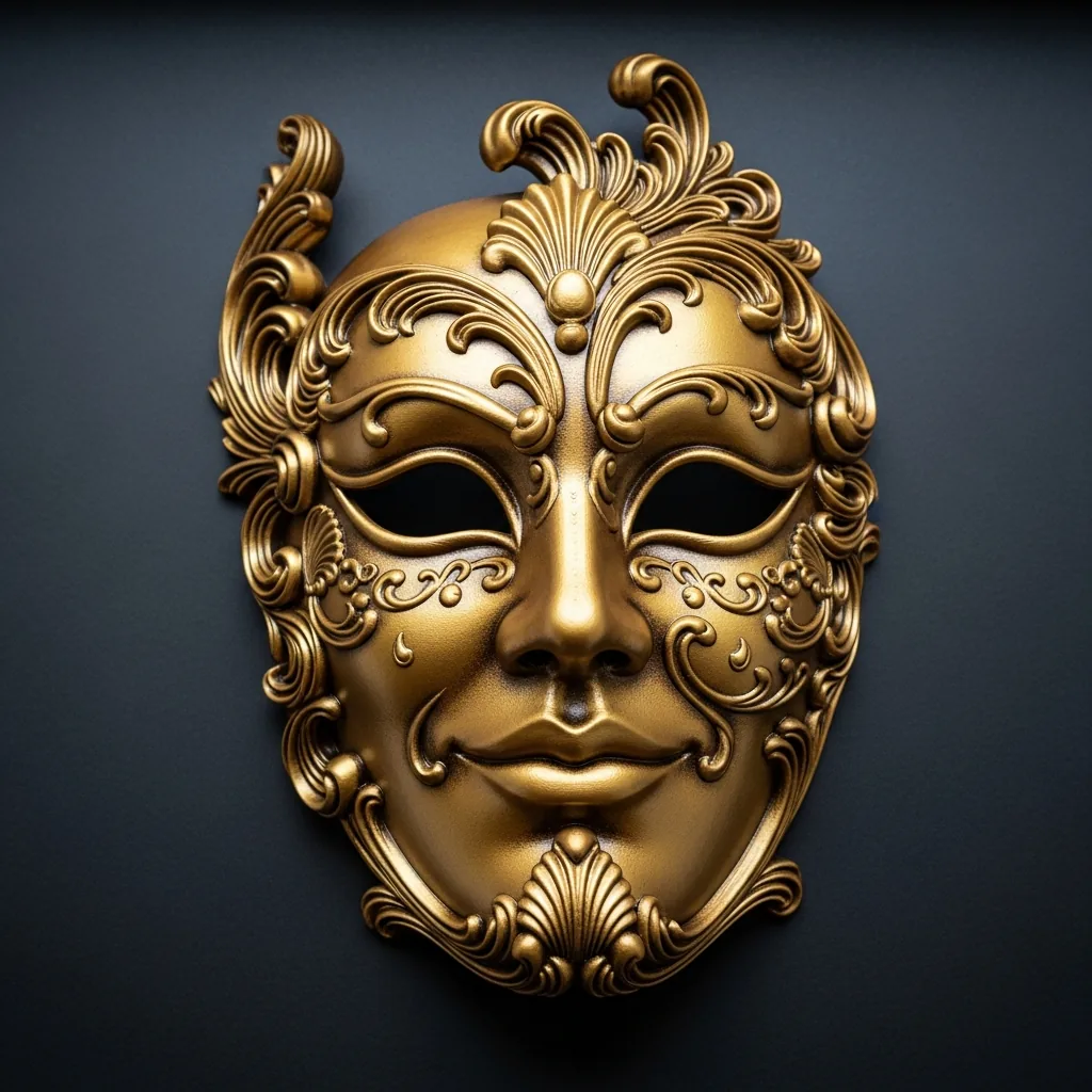Gold-finished 3D-printed PLA ornamental theatre mask prop