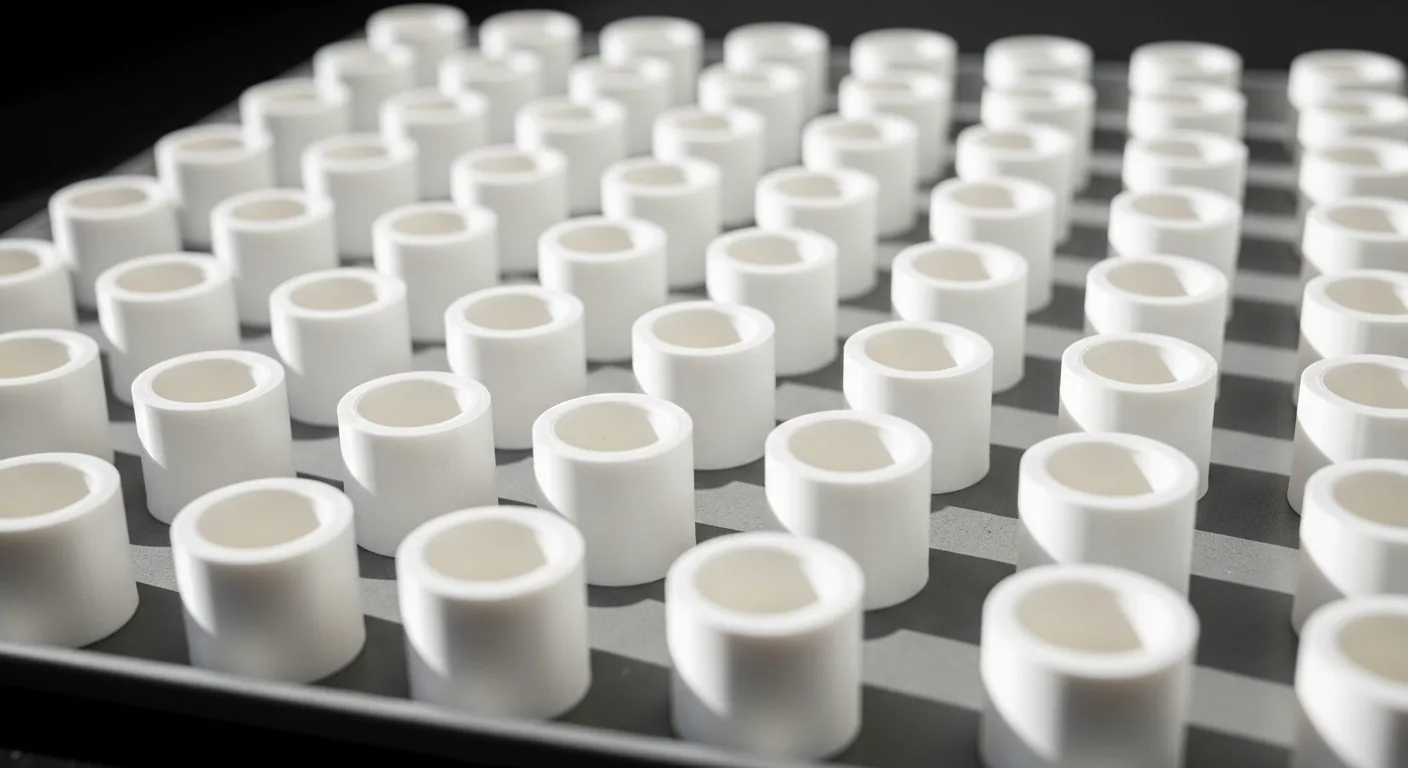 A tray of identical small-batch 3D-printed PLA parts