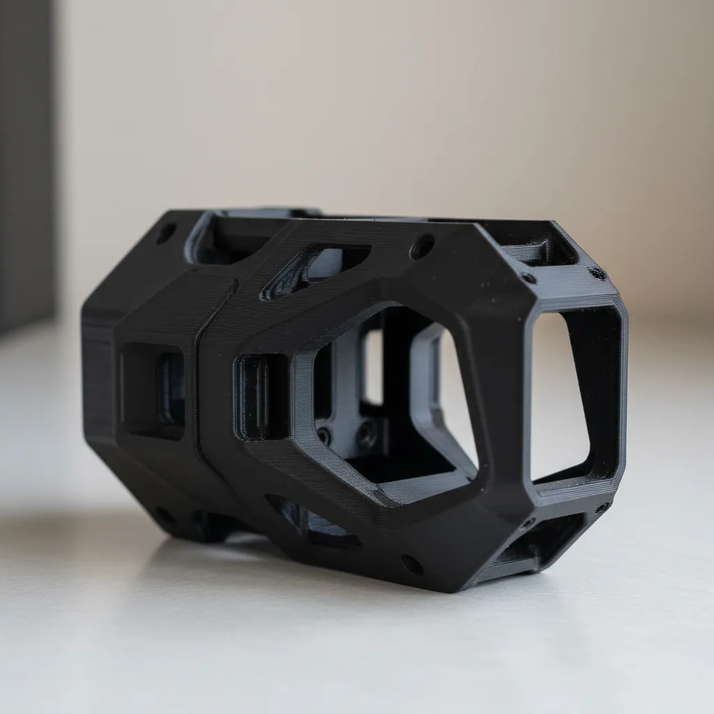 A 3D-printed matt-black PLA-CF premium design-study prototype with a carbon-fibre look