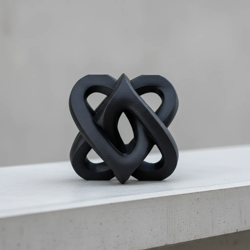 A 3D-printed matt-black PLA-CF aesthetic display sculpture with a carbon-fibre look