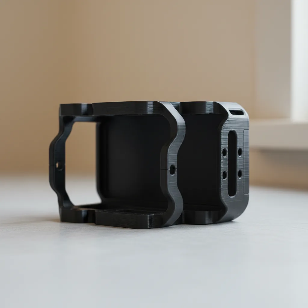 A matt-black 3D-printed PLA-CF camera cage rig assembled from printed brackets