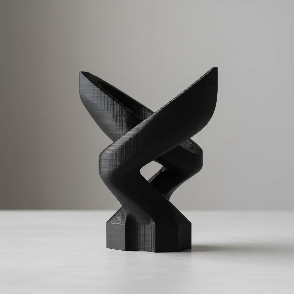 A matt-black 3D-printed PLA-CF design-study object with a premium carbon-fibre look